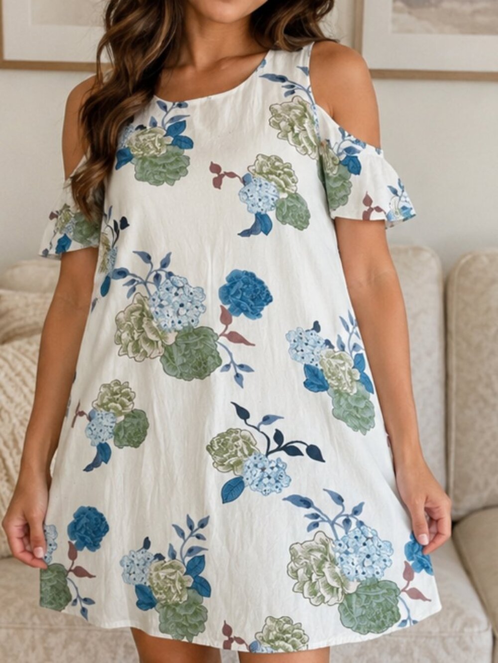 Final Touch Cold Shoulder Dress Size Small‎ White Floral Garden Print Boho USA